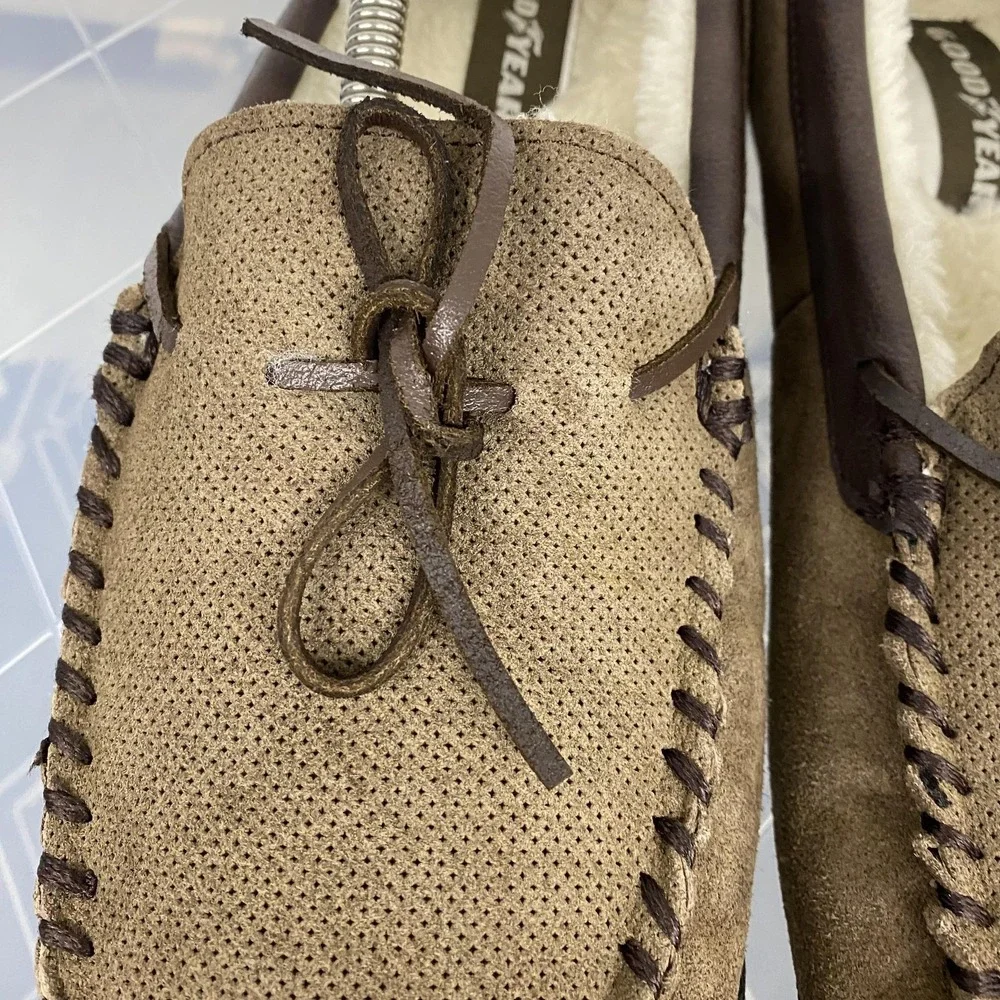 Goodyear‎ Slippers Shoes Mens Size 10 Brown Suede Moccasin Faux Fur Lined Indoor
